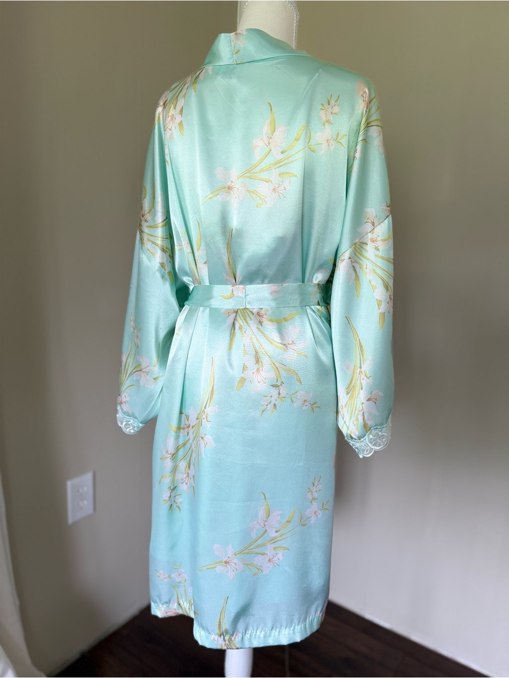 Vintage chemise robe set Mint Floral Satin Robe & Chemise Set Lace Trim Plus Siz - Picture 5 of 11